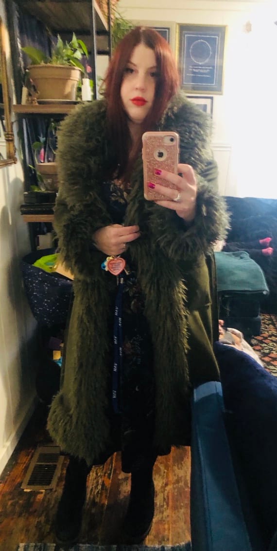 Customer photo review of GILDA-OLIVE FAUX FUR TRENCH JACKET