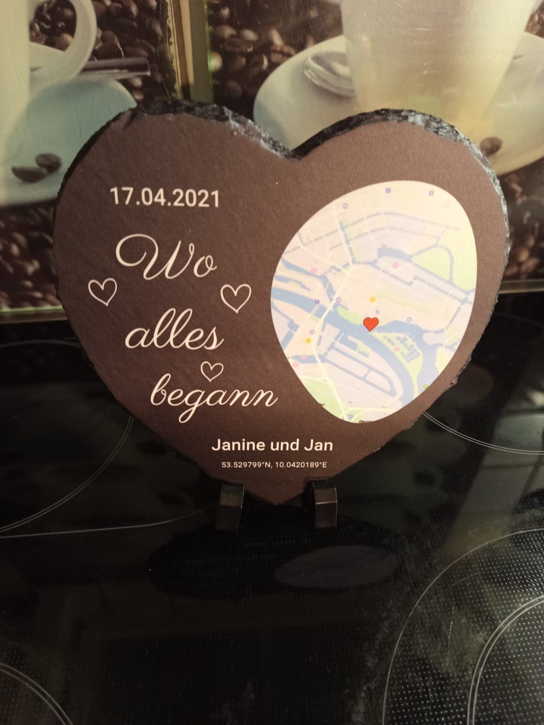 Customer photo review of Wo alles begann - Personalisiertes Schieferherz (15x15)