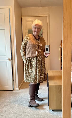 Reviewer wearing a homemade waistcoat made from the camel brown Plain Sheep Loop Boucle Fabric.