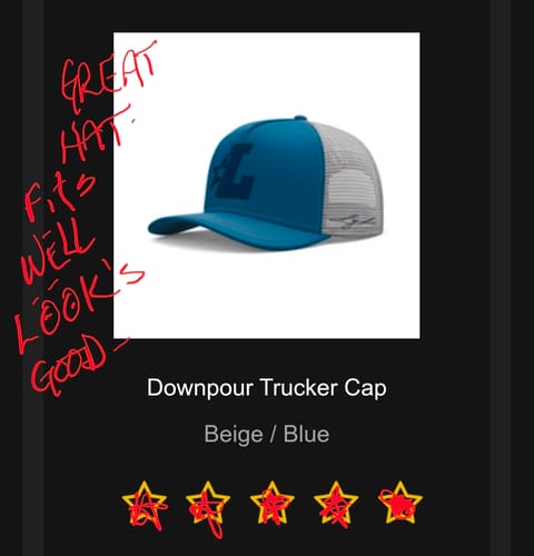 Reviewer's annotated screenshot showing the blue and beige Downpour Trucker Cap and a positive five-star rating.