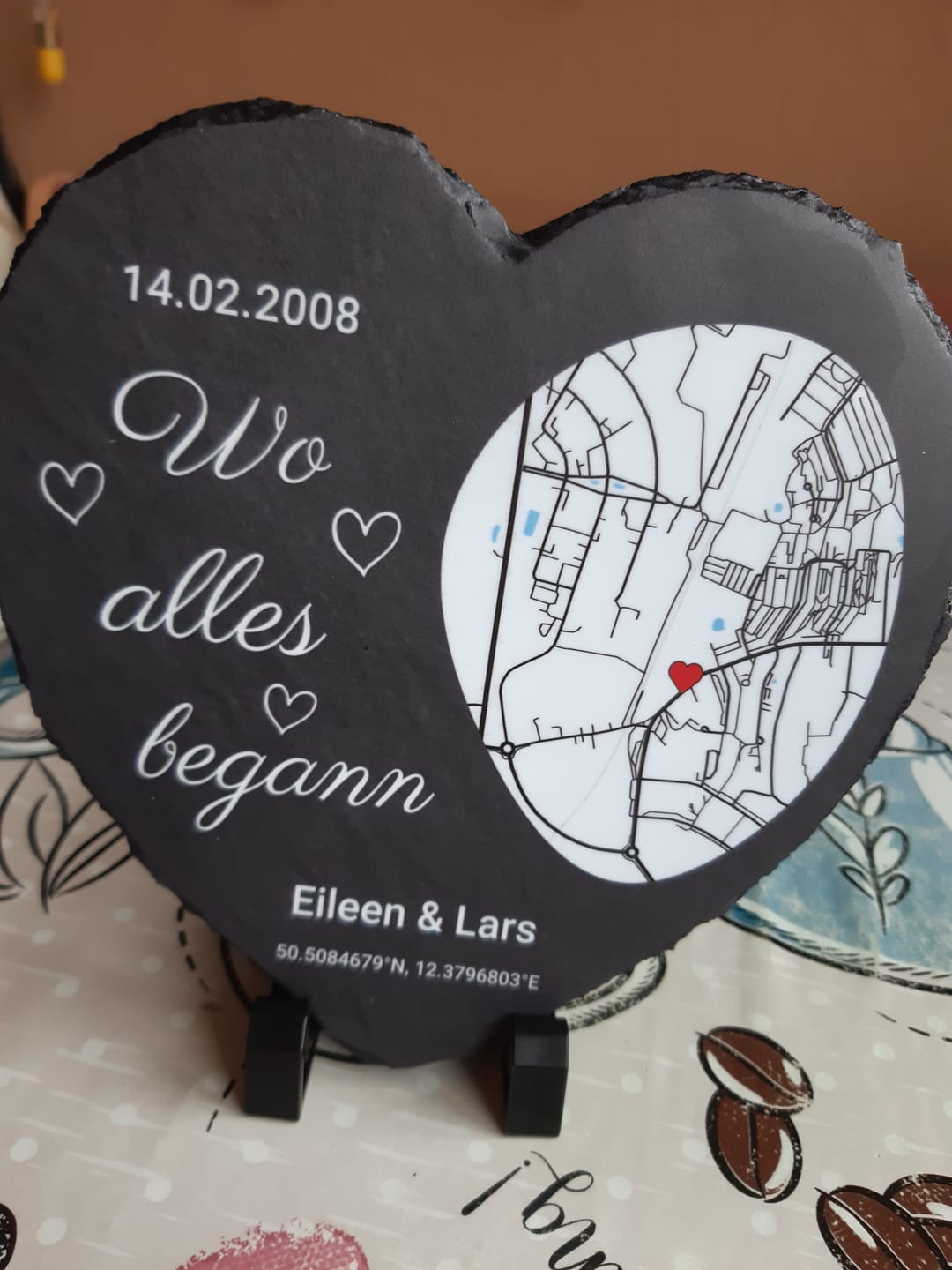 Customer photo review of Wo alles begann - Personalisiertes Schieferherz (15x15)