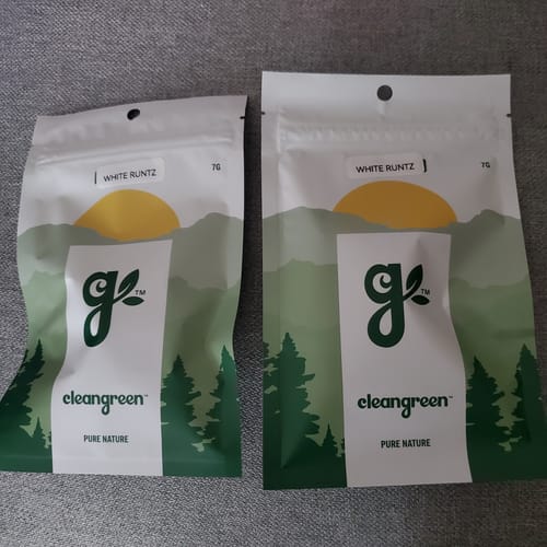 Reviewer's two white pouches of White Runtz shown side-by-side on a flat surface.