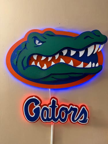 Customer's Florida Gators 'GATOR HEAD' wall art, illuminated with blue backlighting on a wall.