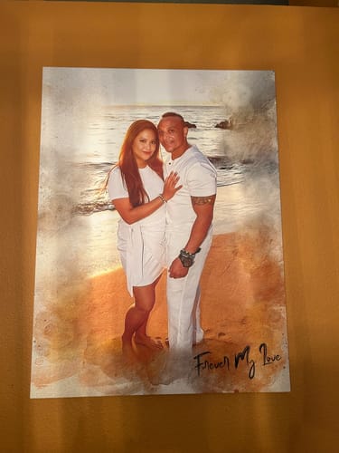 Customer's Personalized photo Painting of a couple on a beach. The artwork has a beautiful, watercolor-like finish.