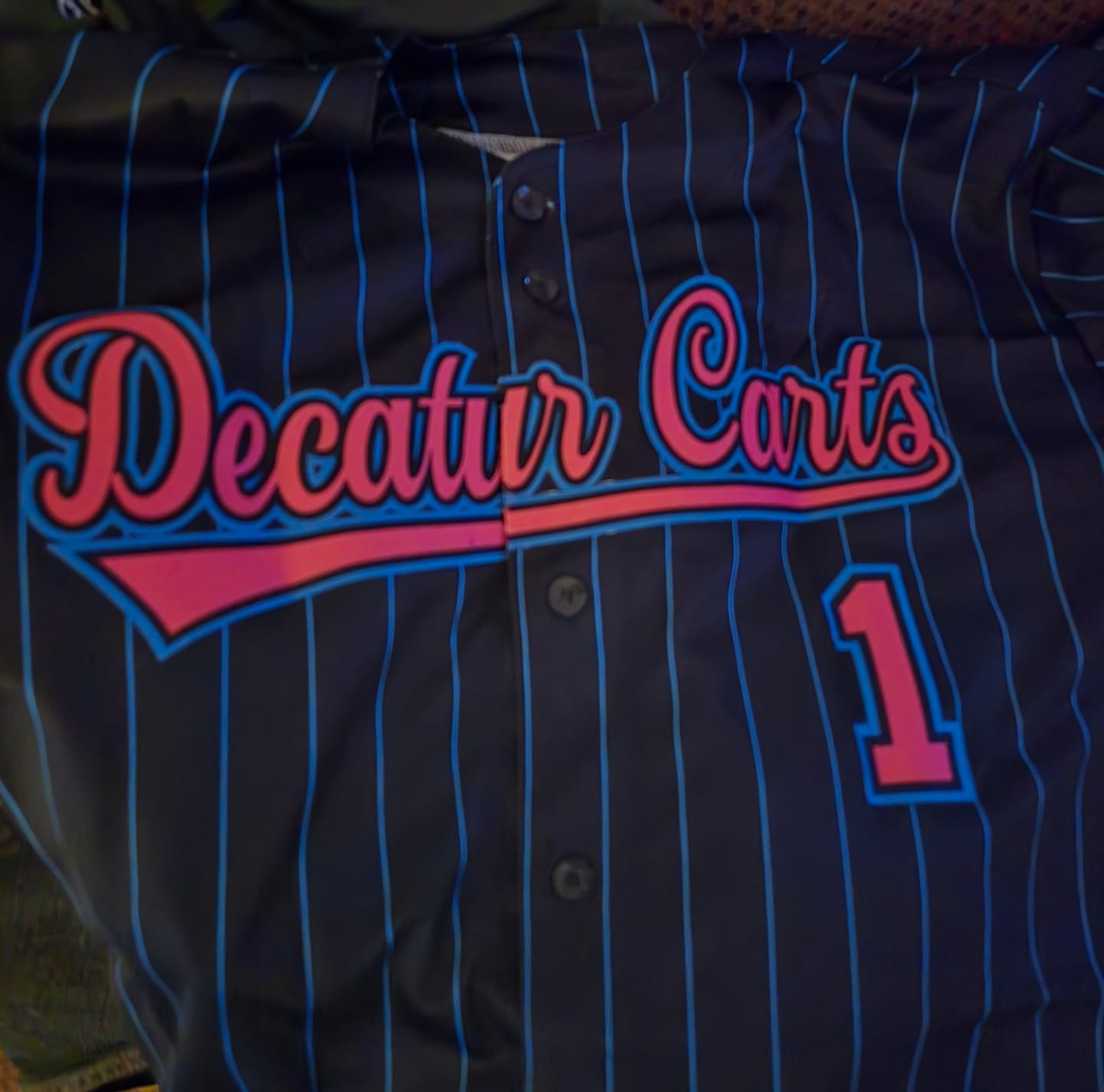 Customer photo review of Custom Black Pink-Powder Blue Stripe Fashion Authentic Baseball Jersey