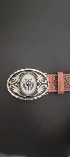 Customer photo review of Raccoon Belt Buckle with Peace Sign, Custom Western Accessory