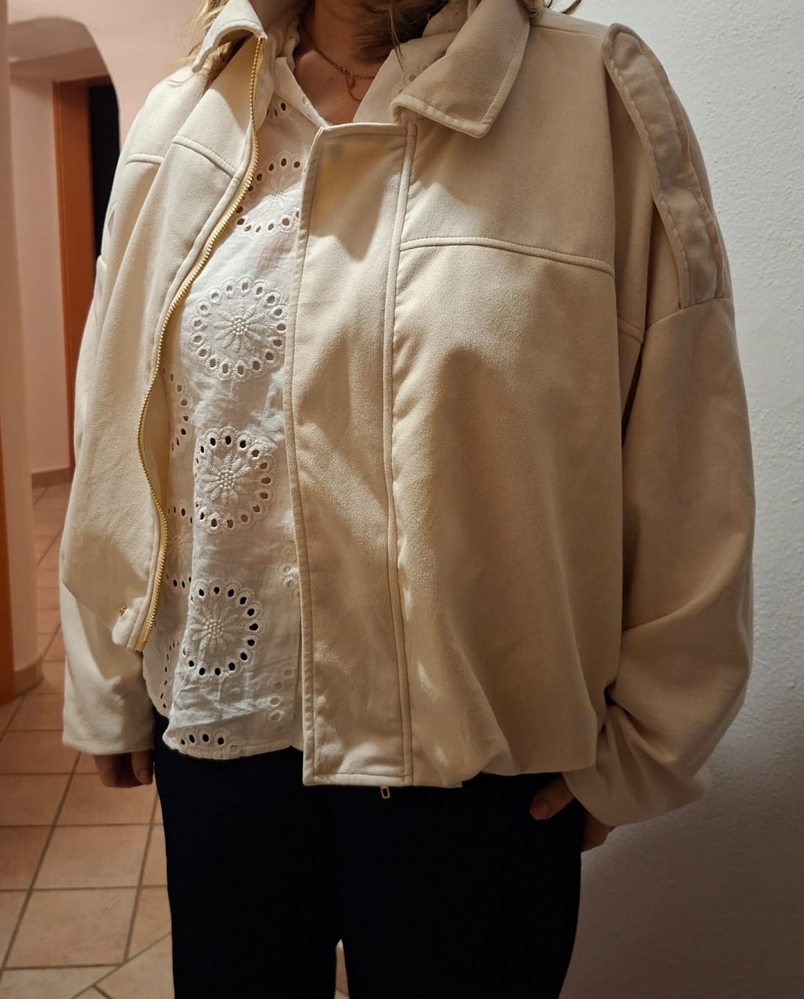 Customer photo review of Lori Suede Bomber Jacket