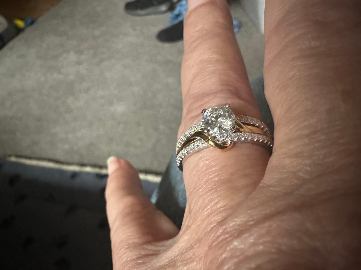 Customer photo review of Round Moissanite Two Tone Vine Split Shank Pave Engagement Ring