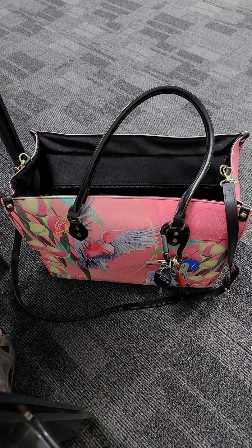 Customer photo review of Australia Breast Cancer Awareness Leather Bag Pink Galah with Eucalyptus Flowers LT7