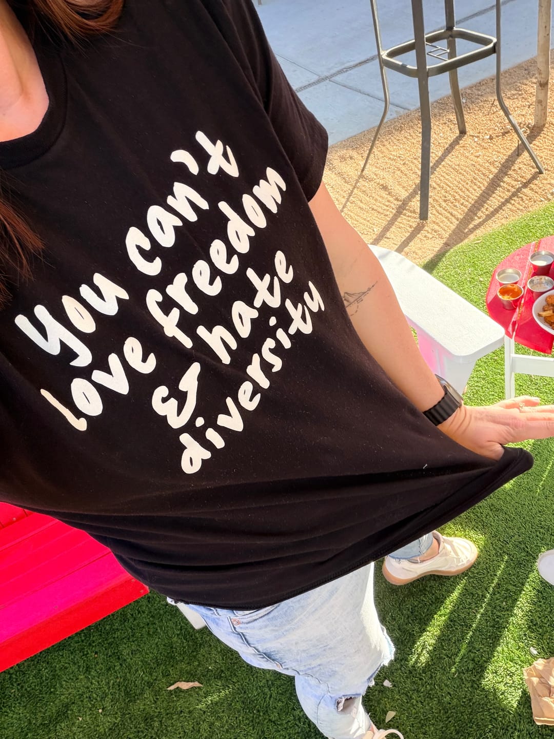 Customer photo review of Imagine Being Scared of Diversity But Not Dictatorship Unisex Tee