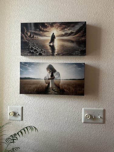 Customer's two 'Embraced by God’s Love' faith wall art pieces hanging vertically on a textured wall.