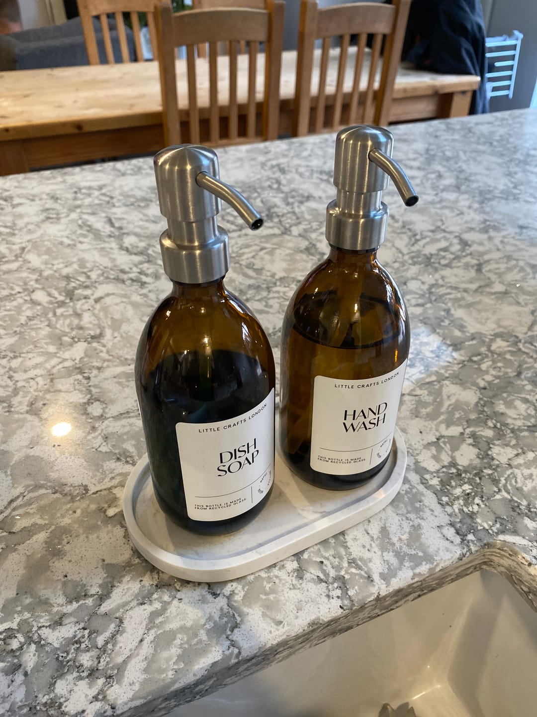 Customer photo review of Set of 2 Amber Glass Bottle 500 ML with Metal Pump & Small Tray