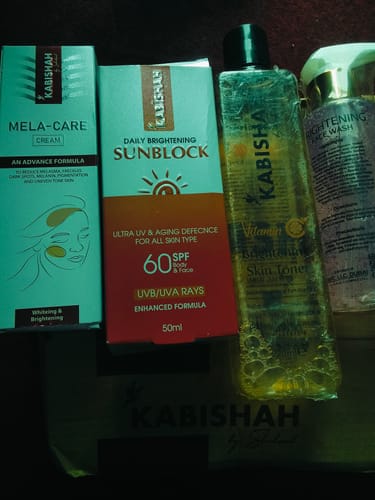 Customer's Bright & Even Skintone Kit, showing the cream, sunblock, toner, and face wash products laid out together.