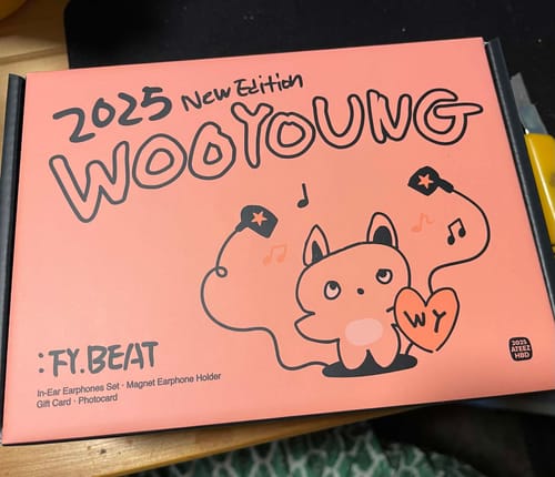 Reviewer's salmon-pink packaging for the ATEEZ - WOOYOUNG : FY. BEAT merch with cute illustrations.