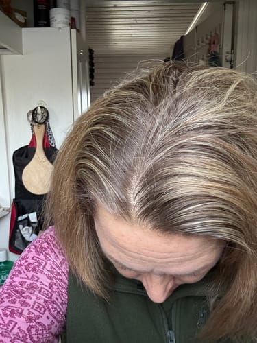 Close-up of a reviewer's hair roots, showing distinct grey and blonde strands before using the Blonda Toning Shampoo.