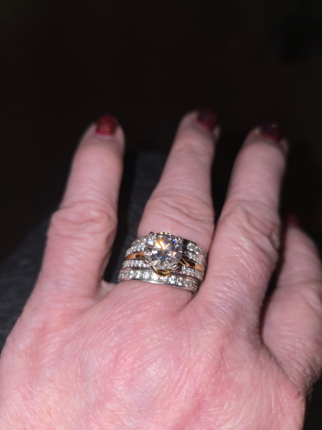 Customer photo review of Round Moissanite Two Tone Vine Split Shank Pave Engagement Ring