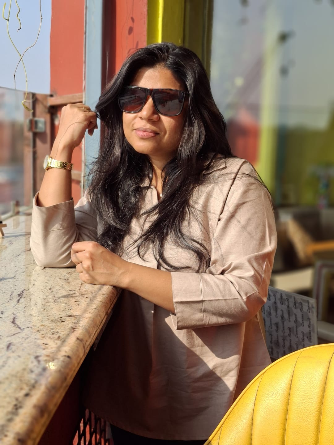 Customer photo review of Women Taupe Linen Blend Pleated Top