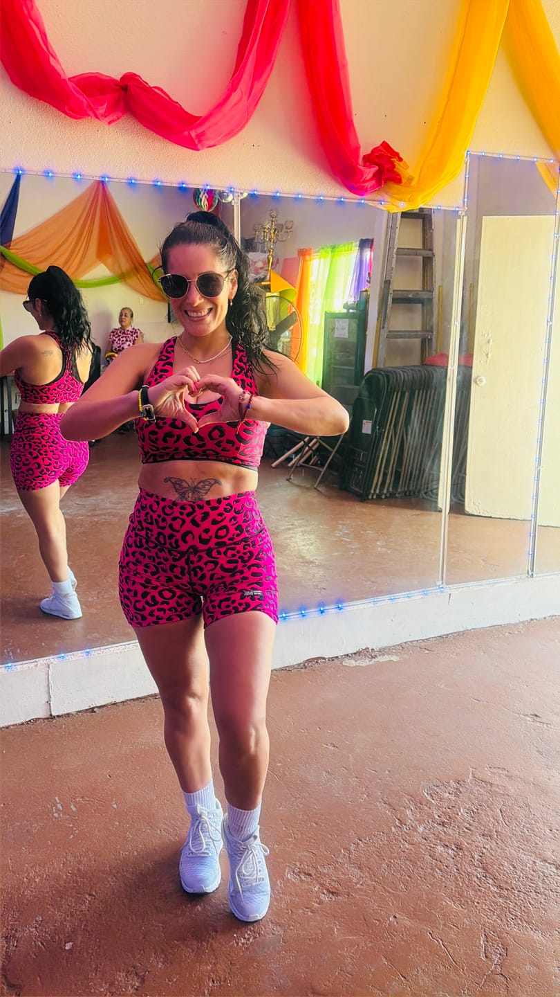 Customer photo review of Zumba Sizzlin' High Waisted Biker Shorts - Pink/Black