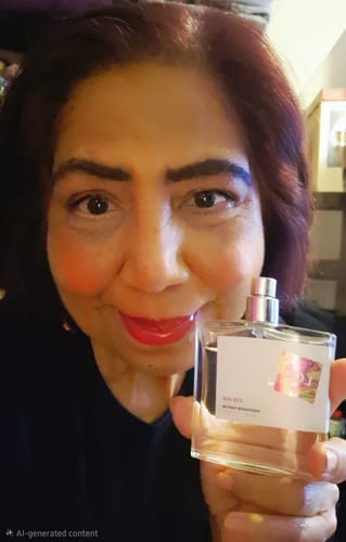 Customer smiling and holding up a clear bottle of For Her Pheromone Perfume.
