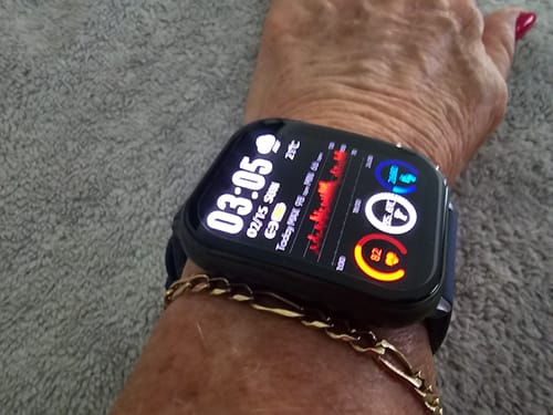 Customer's Gard Pro Health Smartwatch 3 on their wrist, with the screen displaying colorful health metrics.