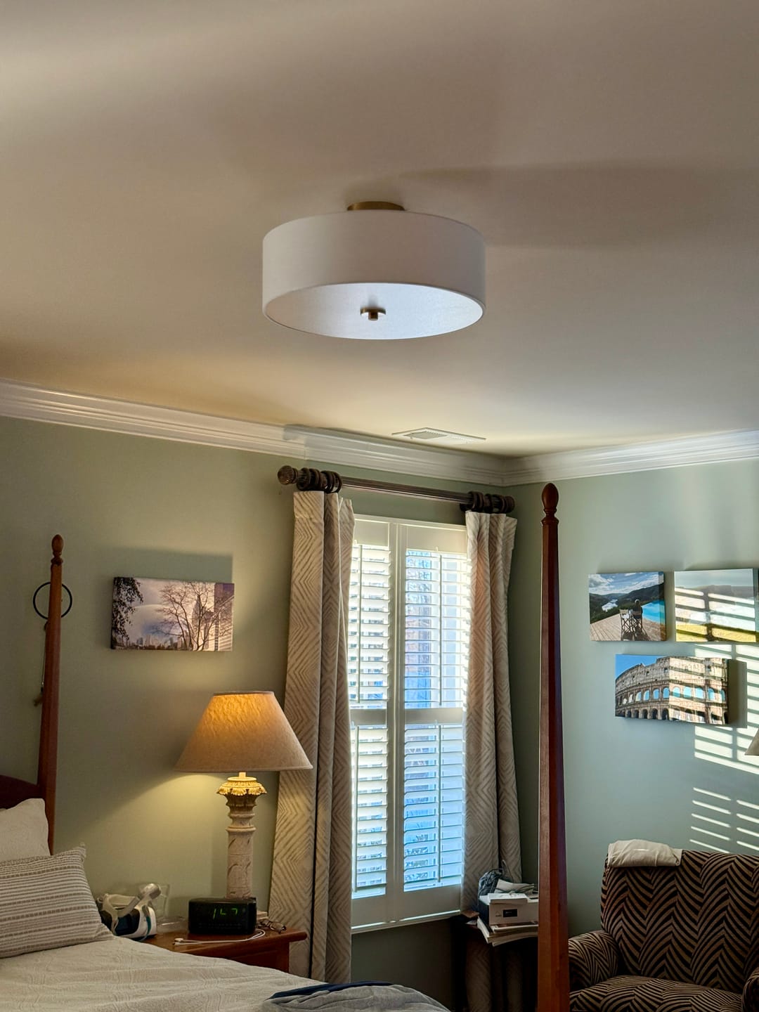 Customer photo review of 4-Light White Linen Round Drum Semi Flush Mount