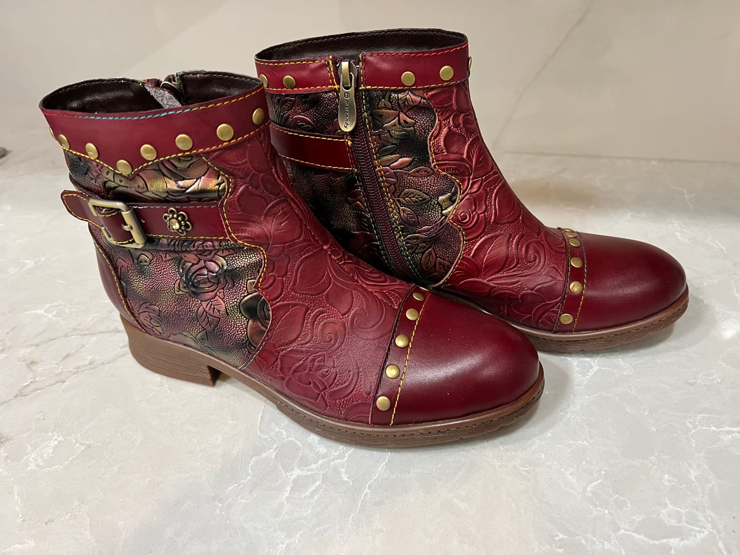 Customer photo review of Crimson Rose Embossed Ankle Boots