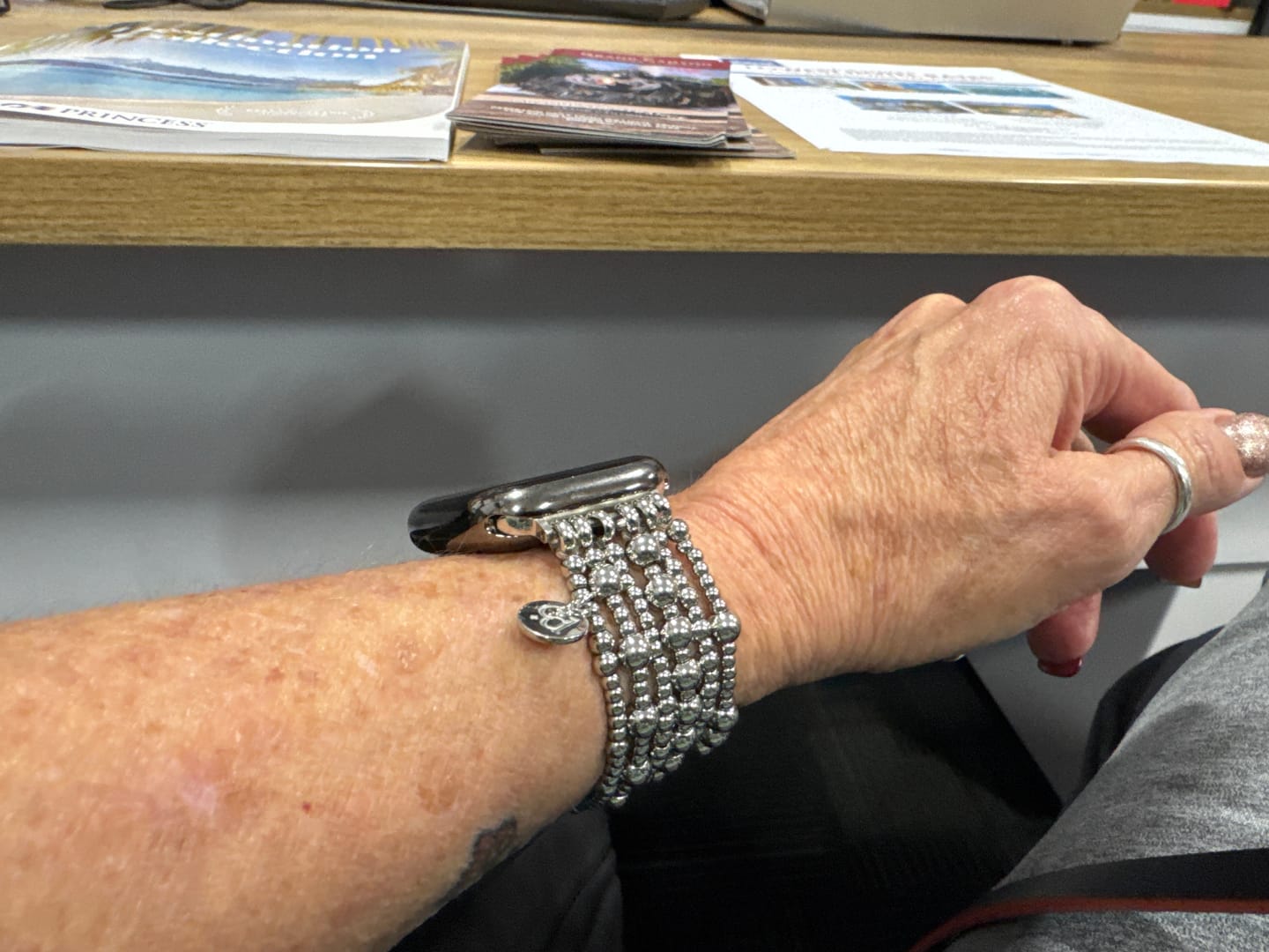 Customer photo review of Platinum Demure Stretch Apple Watch Strap