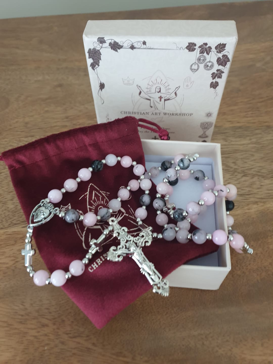 Customer photo review of Christianartworkshop Handmade Rosary with Pink Round Beads & Crucifix – A Floral Tribute to the Sacred Heart