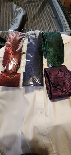 Customer photo review of Ties2you Neck Tie Deep Navy Blue Floral Silk Mens Dress Tie Handkerchief Cufflinks Set