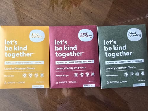 Reviewer's three travel-size boxes of Scent Discovery Detergent Sheets in Neroli Zen, Amber Rouge, and Wood Haven scents.