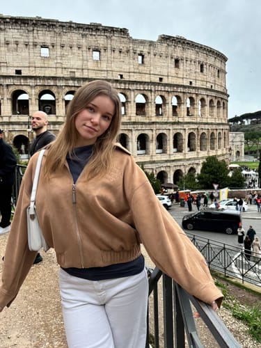 Customer photo review of EMBOSSED SUEDE JACKET CAMEL