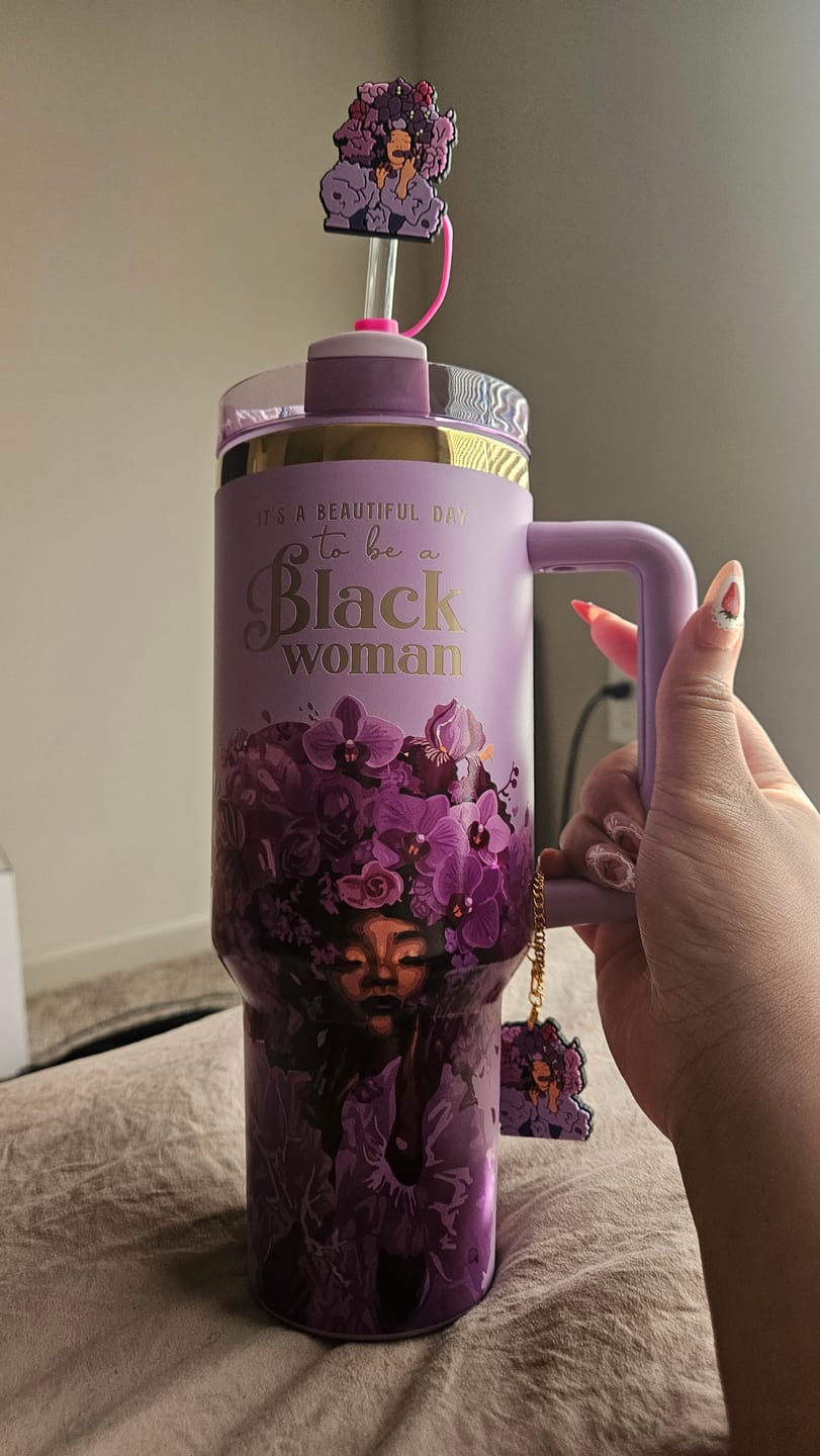 Customer photo review of Orchid Purple “Royalty Blossomed” Insulated Tumbler – "It’s a Beautiful Day to be a Black Woman"