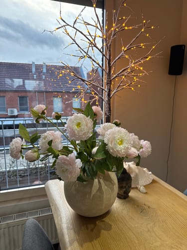Recensent toont de prachtige, lichtroze zijden pioenrozen in een vaas op een houten tafel.