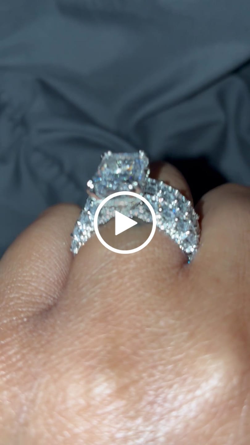 Customer video review of Glistening-hued Radiant Cut 5.0ct Pave 925 Sterling Silver Wedding Ring Set