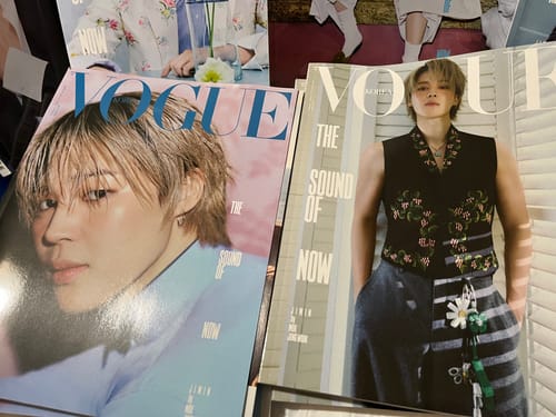 Customer's two VOGUE MAGAZINE covers featuring Jimin, showing a close-up and a full-body pose.