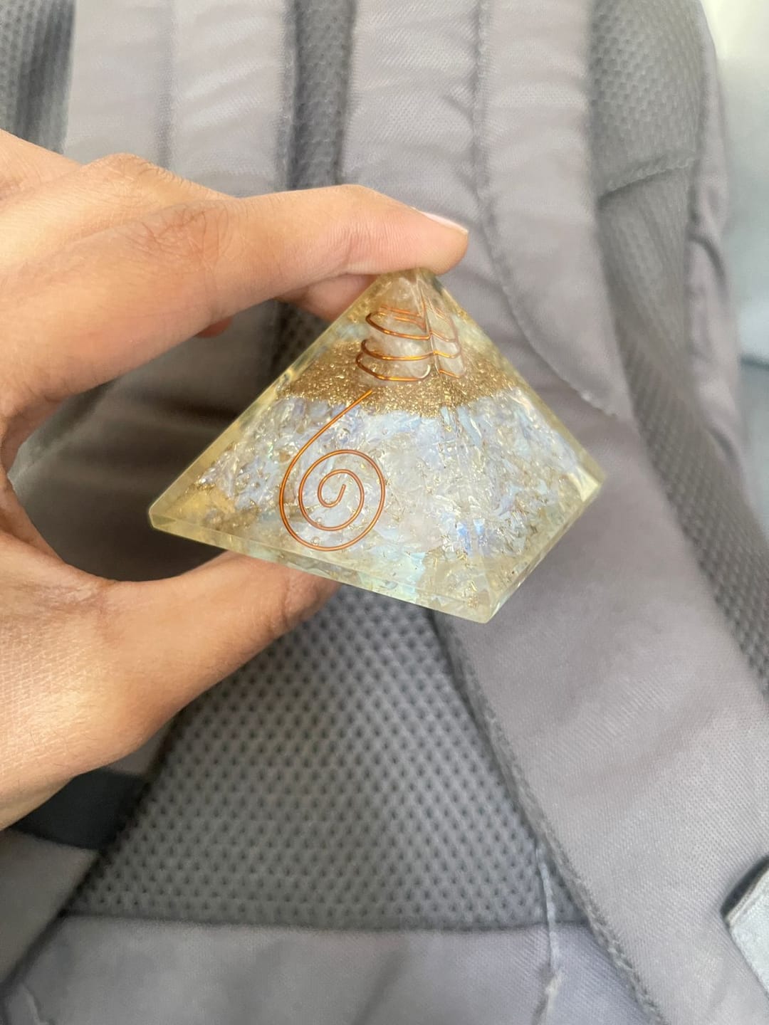 Customer photo review of Natural Selenite Orgone Pyramid For Energy Cleansing | Real Selenite / White Agate Orgonite Pyramid By Vastu Mandir