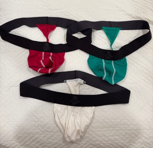 Customer's 3-pack of Nylon Mesh Thongs in crimson, green, and bone colors laid out on a white surface.