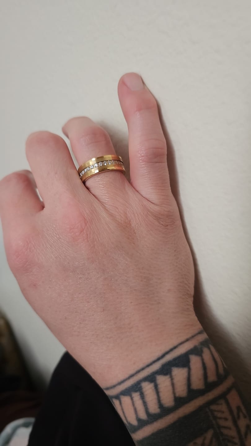 Customer photo review of 8mm - Men's Tungsten Wedding Band, CZ Diamond Ring, Comfort Fit Ring, Yellow Gold Ring,
