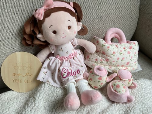 Customer's A Little Teapot Playset displayed with a personalized doll for a first birthday.