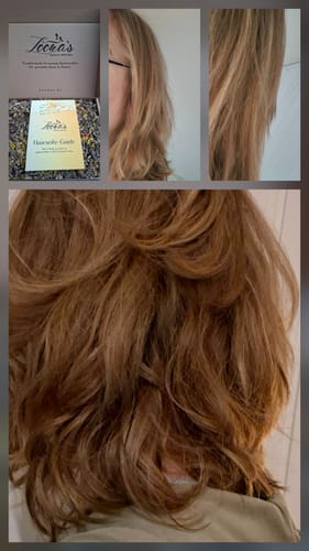 Kundenfotomontage: Vorher kraftloses Haar, nachher voluminöses, gewelltes Haar durch Loona's Haarseife-Set.