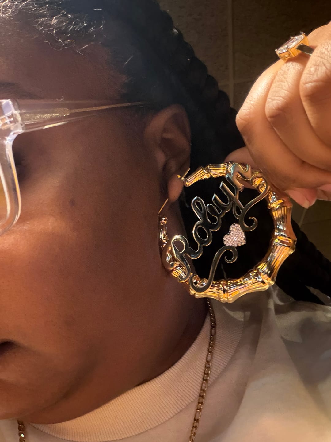Customer photo review of Double Plated Triple Heart Name Necklace w/ Cuban Chain