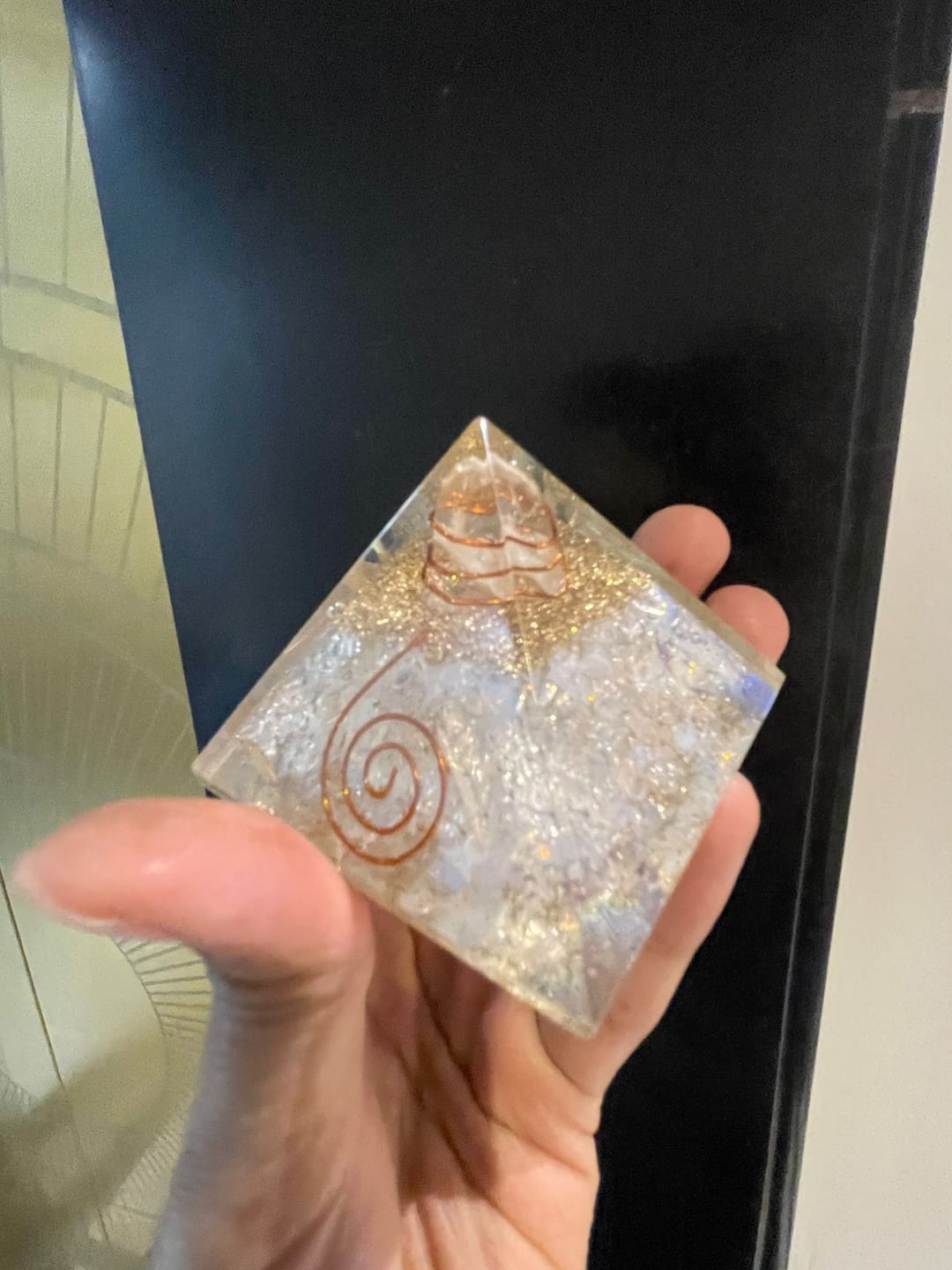Customer photo review of Natural Selenite Orgone Pyramid For Energy Cleansing | Real Selenite / White Agate Orgonite Pyramid By Vastu Mandir
