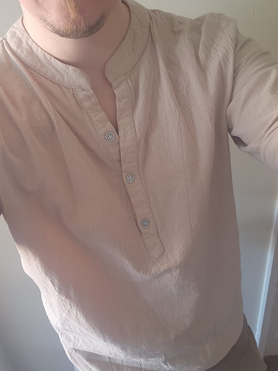 Customer photo review of Buddha Stones Solid Color Long Sleeve Half Button Shirt Cotton Linen Men Clothing