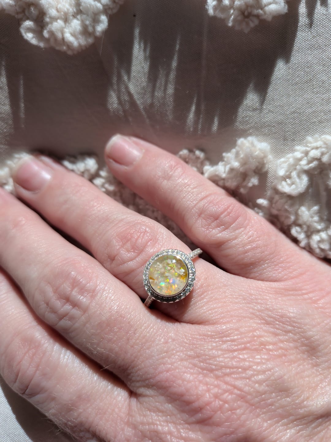 Customer photo review of Bedazzled Circle Opal Cremation Ring