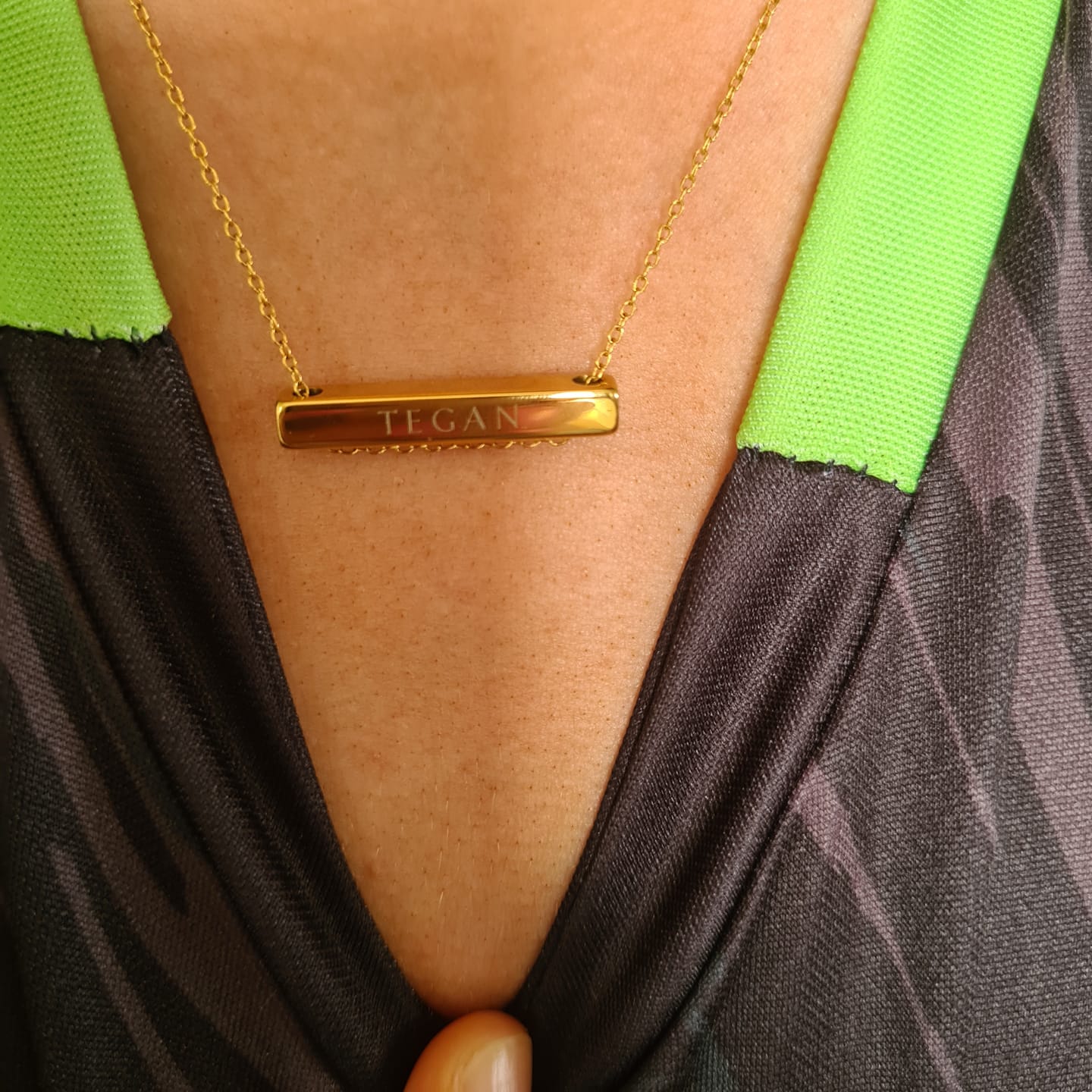 Customer photo review of 3cm Letter Bar Necklace in Gold Horizontal