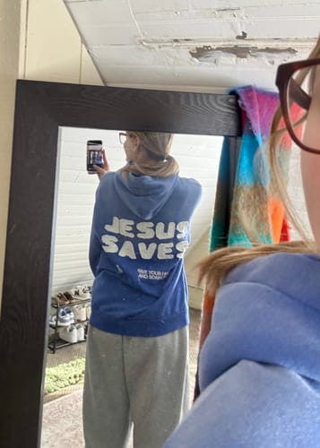 Customer photo review of Jesus Saves Patchwork Hoodie
