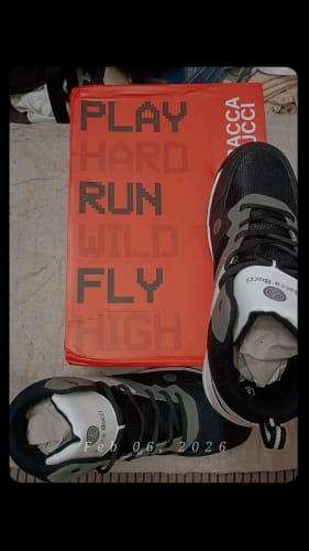 Customer's Bacca Bucci Wager shoes in black and white, shown next to the red brand box.