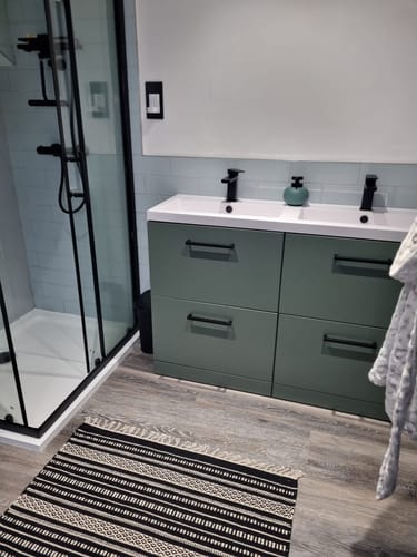 Customer photo review of Nuie Arno 1200mm Floor Standing 4-Drawer Vanity & Double Polymarble Basin - Satin Green