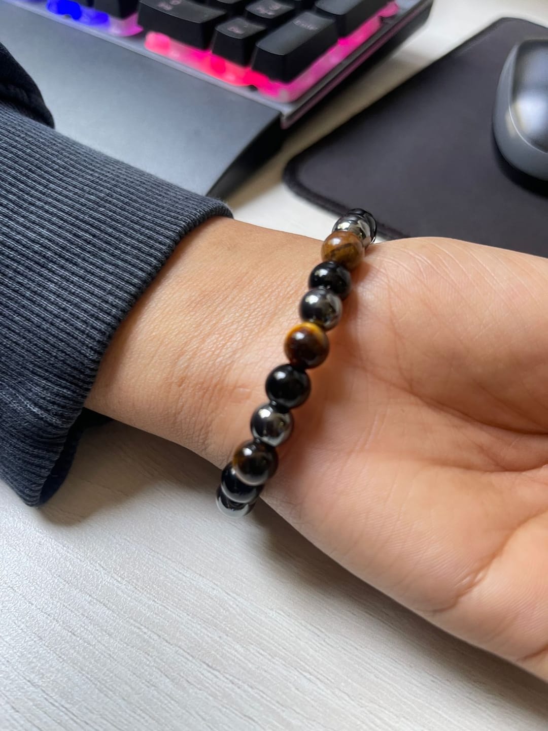 Customer photo review of 100% Natural Black Tourmaline, Hematite and Tiger Eye beads, Triple Protection Vastu Remedy Bracelet — 8mm Beads