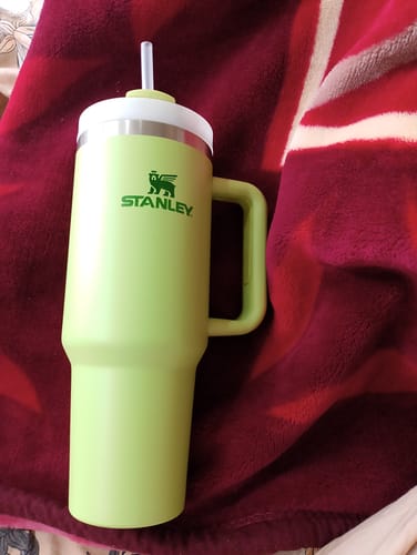 Customer's light green Stanley 1.18L Original Tumbler with a lid and straw, resting on a soft red blanket.